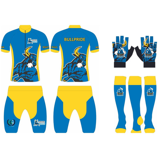 MNW Bulls Cycling Kit with Sock and Gloves Blue and Gold (PRE-ORDER)